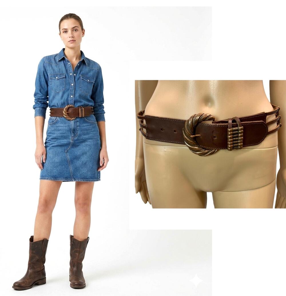 80s Compagnie Internationale Express Brown Leather Mesh Belt Copper Buckle